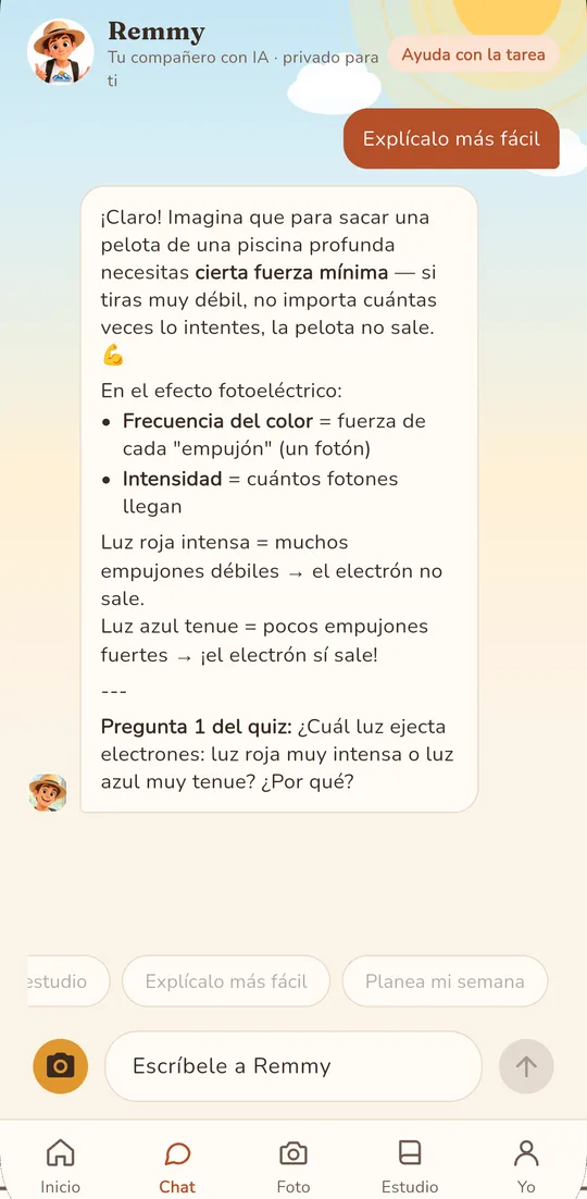 Chat en el que Remmy explica un problema de la tarea paso a paso