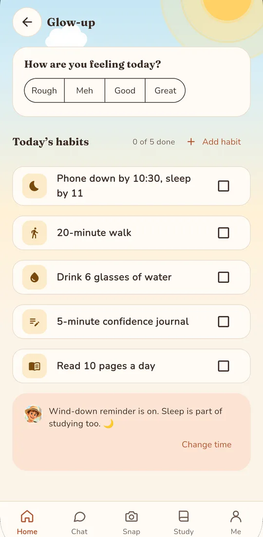 Habits screen with daily streaks and a mood check-in