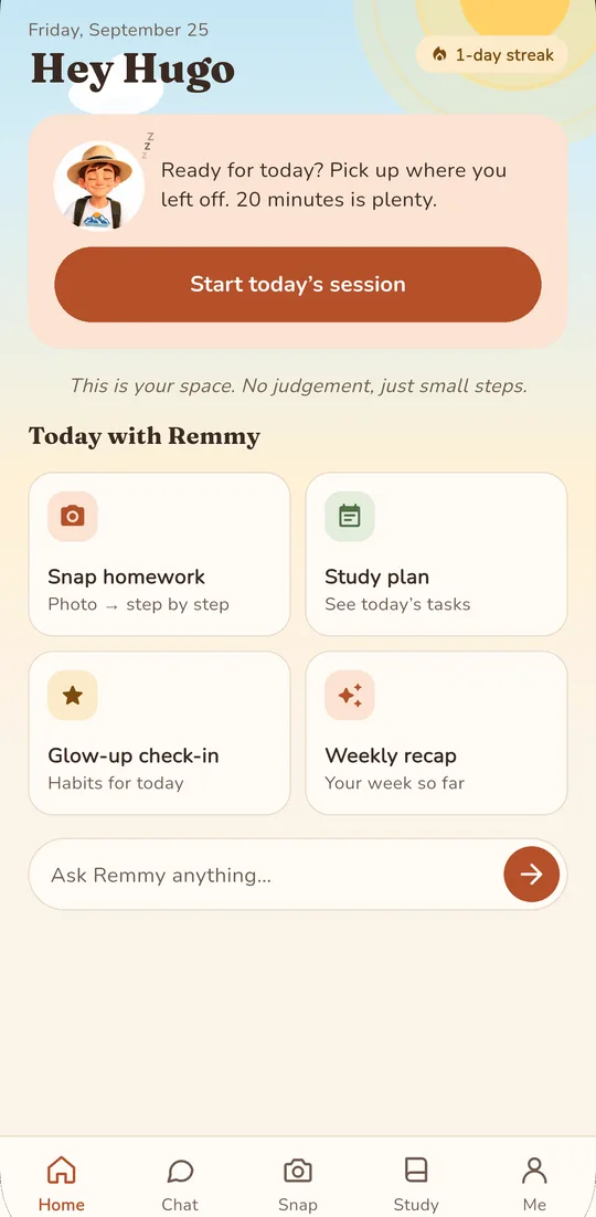 Remmy home screen with today's plan, streak and chat