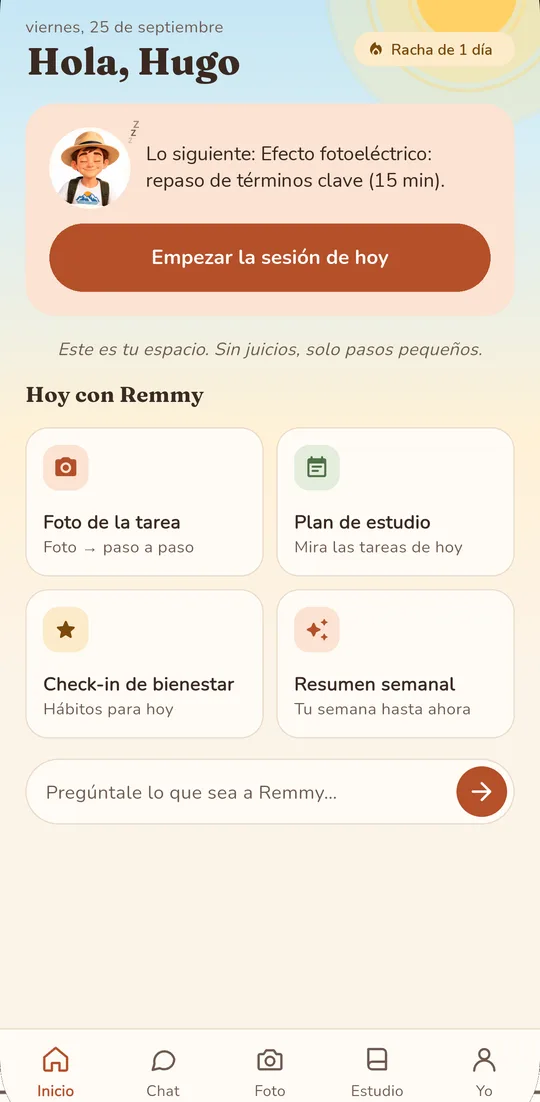 Pantalla de inicio de Remmy con el plan de hoy, la racha y el chat