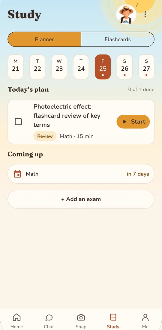 Remmy study plan screen with the day's tasks before an exam