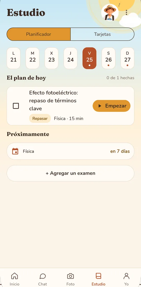 Pantalla del plan de estudio de Remmy con las tareas del día antes de un examen